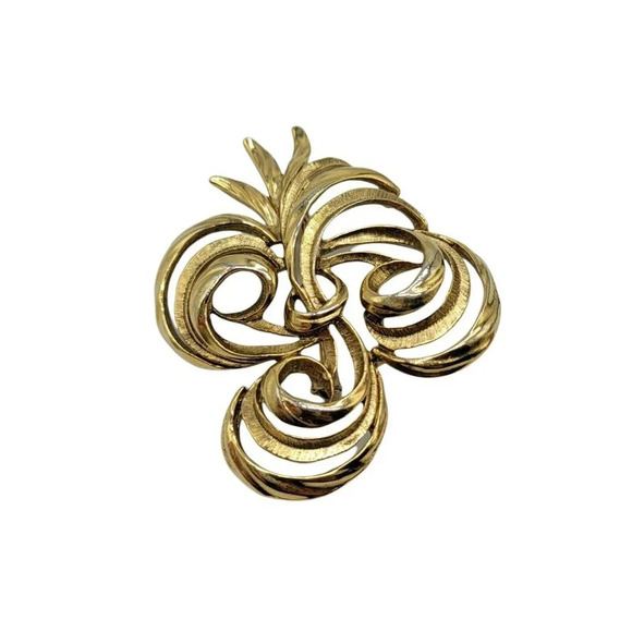 Mid Century Abstract Large Gold Tone Swirl Leaf Vintage Brooch 2.75" - Picture 2 of 4